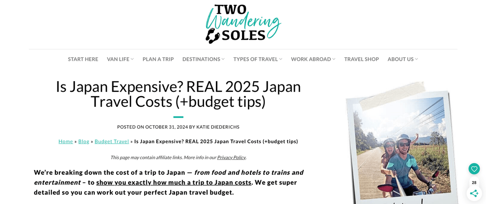 Two Wandering Soles dans les blogs de voyage au Japon