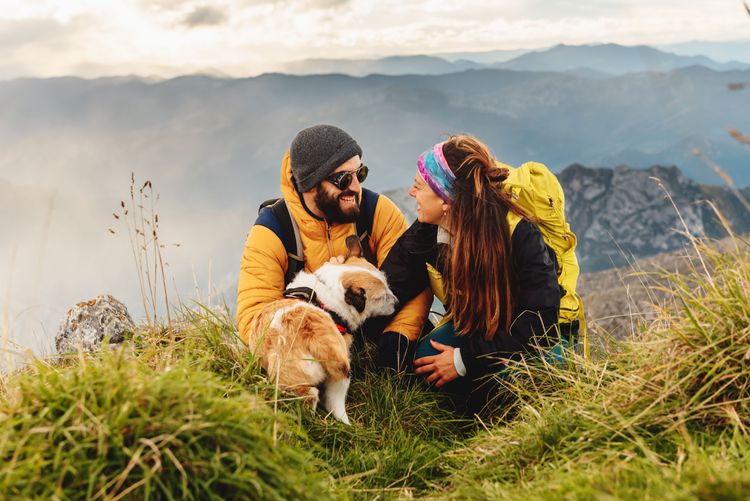 Couple with a dog probably on a hiking trip, a representation of our tips for traveling with a pet